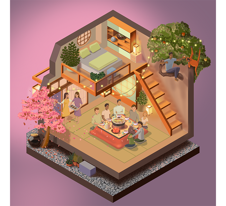 Isometric illustration about anniversary dinner in paradise. Digitally hand-drawn illustration