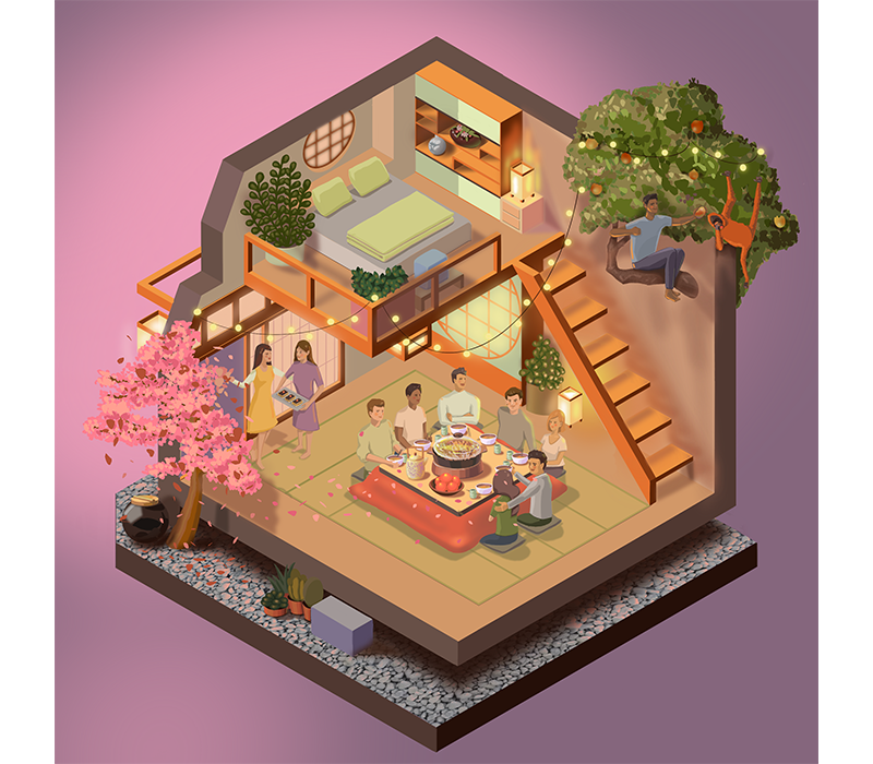 Isometric illustration about anniversary dinner in paradise. Digitally hand-drawn illustration