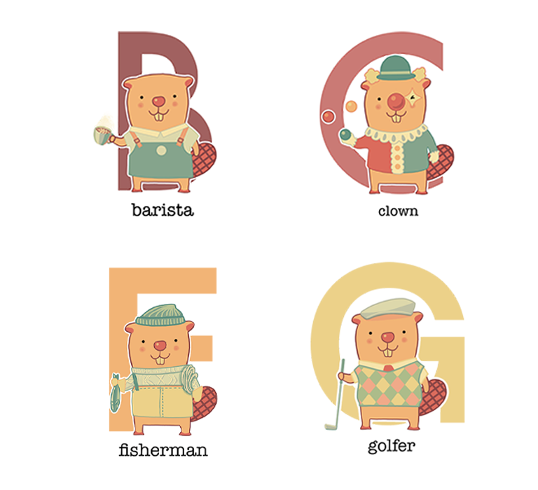 Illustration for Alphabet education with hand drawn digital artwork of beavers.