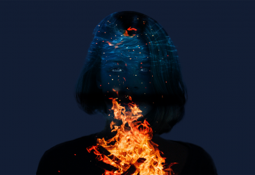 three images of a girl, night sky and fire are combined into one image. adobe photoshop