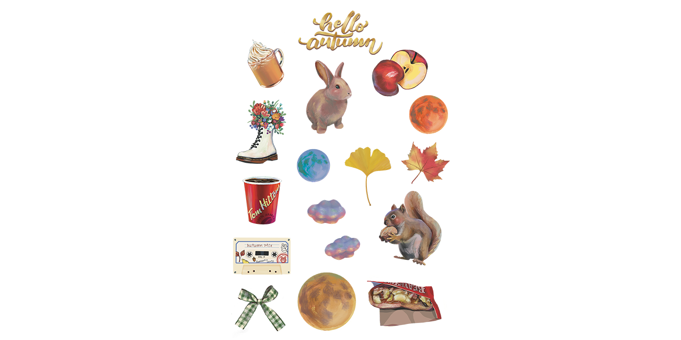Hand-drawn illustrations about objects representing Canadian fall.