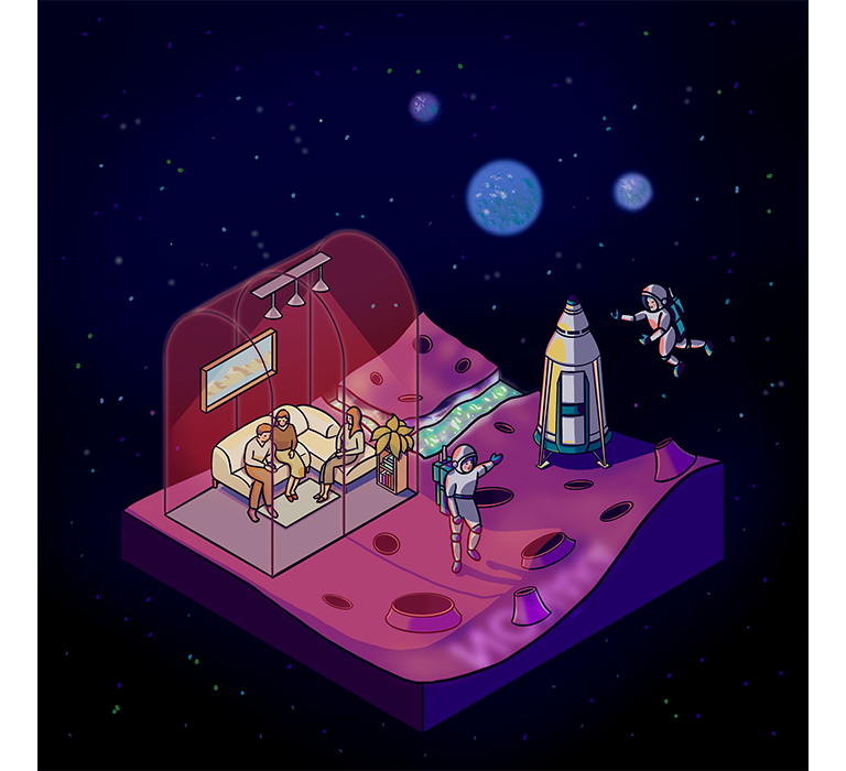 isometric illustration about space life of two boys. hand-drawn digital illustration work.