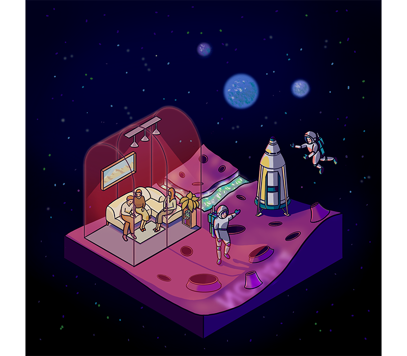 isometric illustration about space life of two boys. hand-drawn digital illustration work.