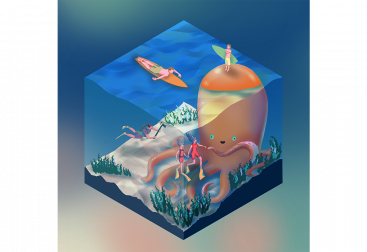 Isometric Illustration about oceanic life making an octopus friend. digitally hand drawn image.