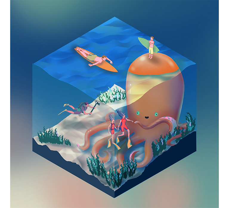 Isometric Illustration about oceanic life making an octopus friend. digitally hand drawn image.