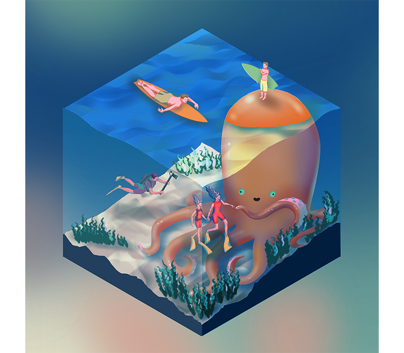 Isometric Illustration about oceanic life making an octopus friend. digitally hand drawn image.