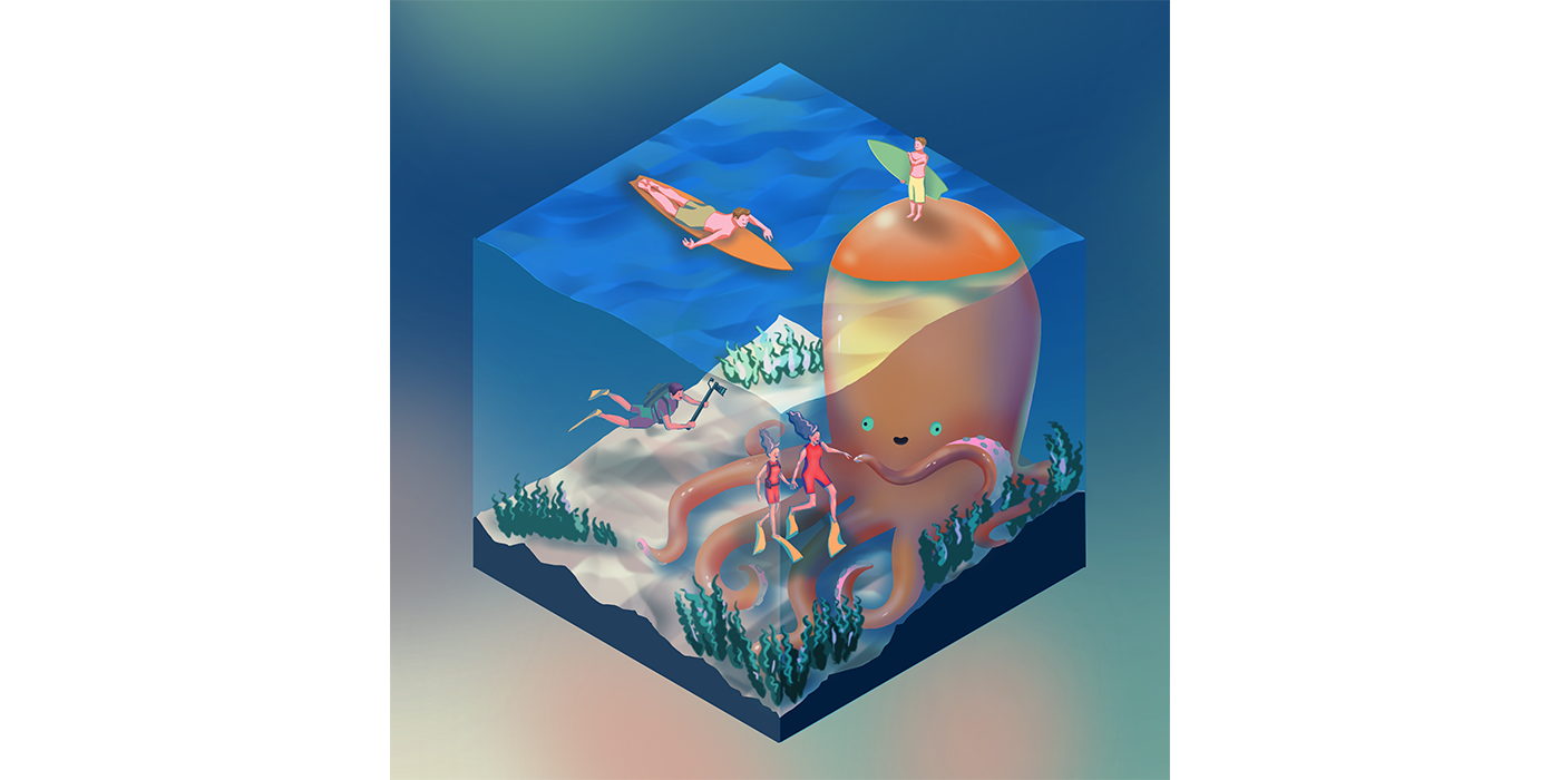Isometric Illustration about oceanic life making an octopus friend. digitally hand drawn image.
